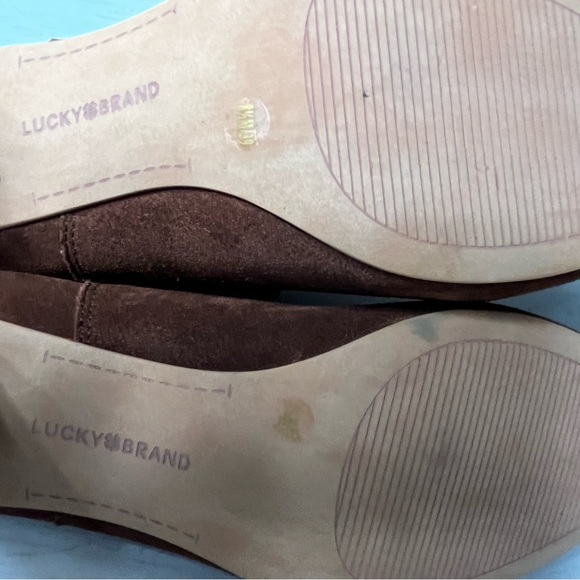 Lucky Brand Zaprika Suede Cuffed Bootie Faux Stack Wood Heels NWOB Size 8 1/2 - Picture 6 of 11